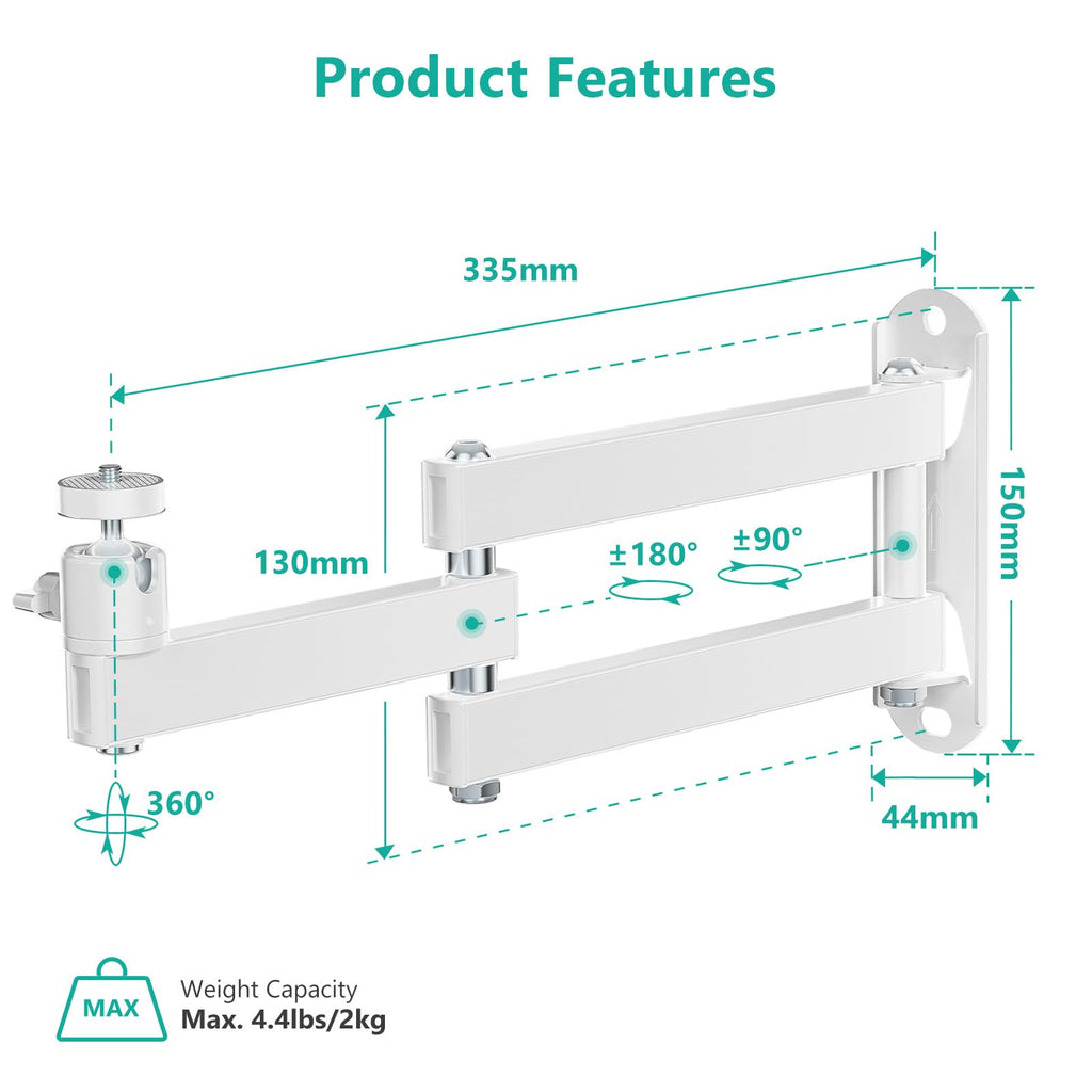 WALI Foldable Projector Wall Mount Universal Adjustable Wall Projector Mount Aluminum Alloy Projectors Stand,1/4" M4 M6 Screw Size,(1330LM-PMW), White