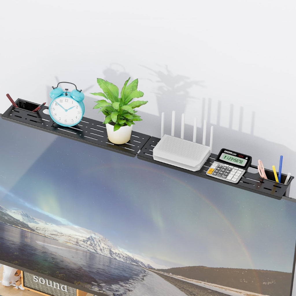 WALI TV Top Shelf, Adjustable Monitor Shelf with 2 Storage Boxes, Stitchable Floating TV Stand Holds Up to 5.5lbs for Speaker, Media Boxes, Game Console, Router Shelves 34.65×4.3'' (TSH004-2B), Black