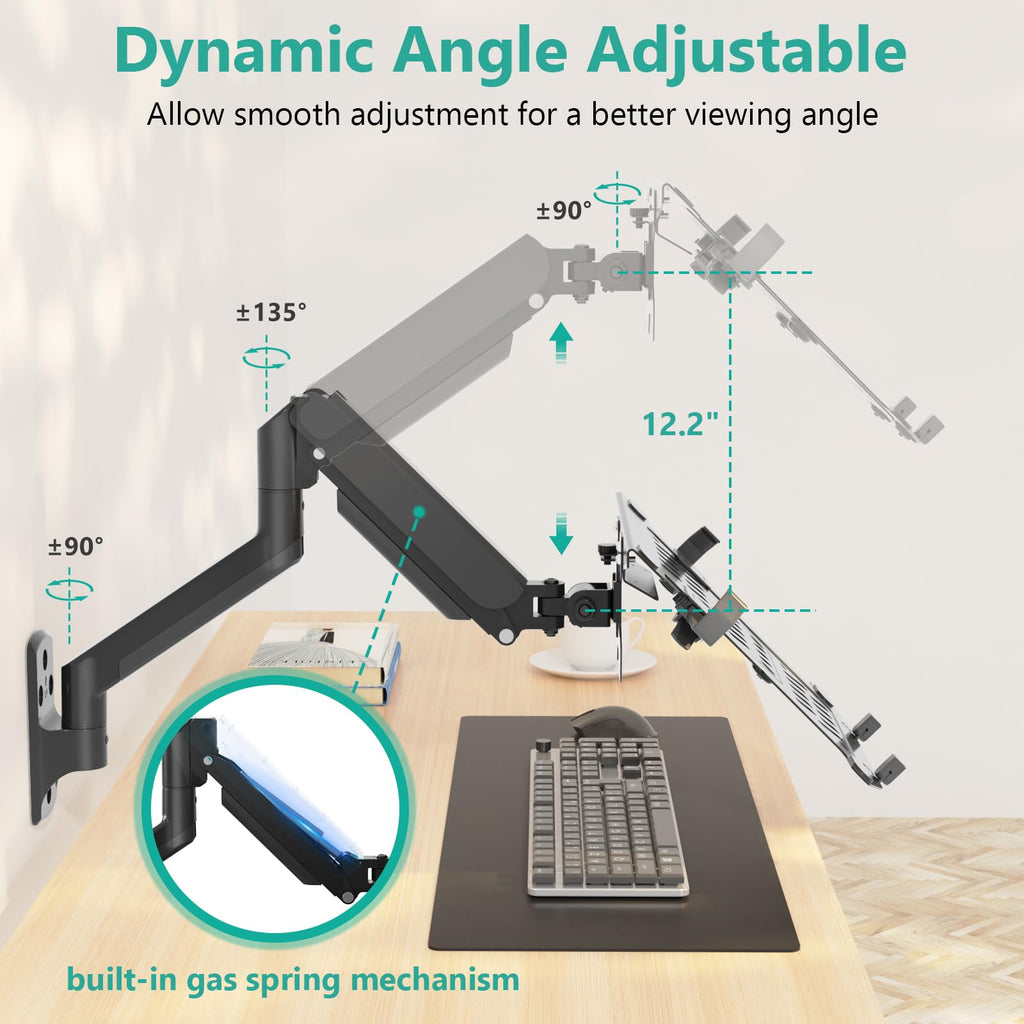 WALI Laptop Wall Mount, Full Motion Adjustable Laptop Arm Fits 10 to 17inch Notebook, Monitor Wall Mount for 17 to 32inch Computer Screen, Holds up to 15.4-22lbs(GSWM001LP), Black