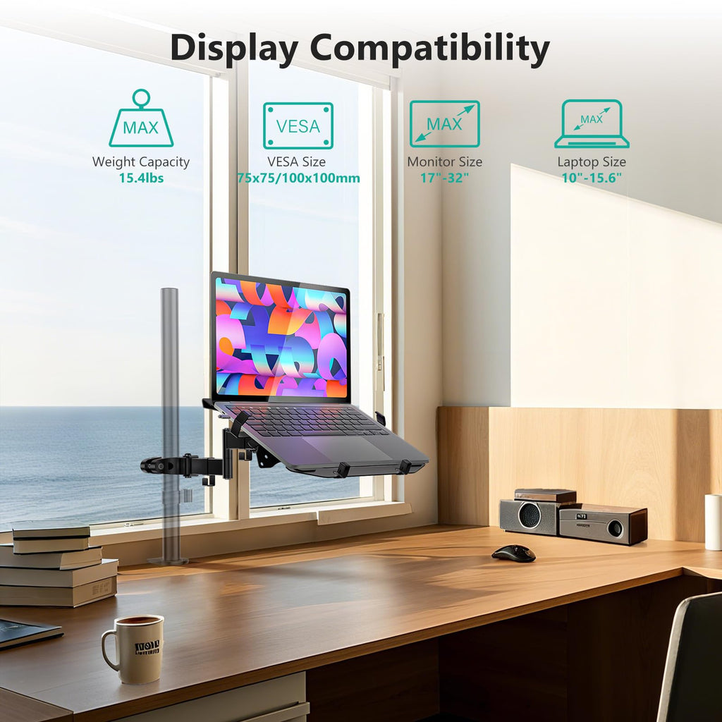 WALI Laptop Pole Mount Tray, Universal Laptop Arm Holder Fits 10 to 15.6 inch Laptops, Full Motion Monitor Mount with Removable VESA 75x75 or 100x100 mm(011ARMLP), Black