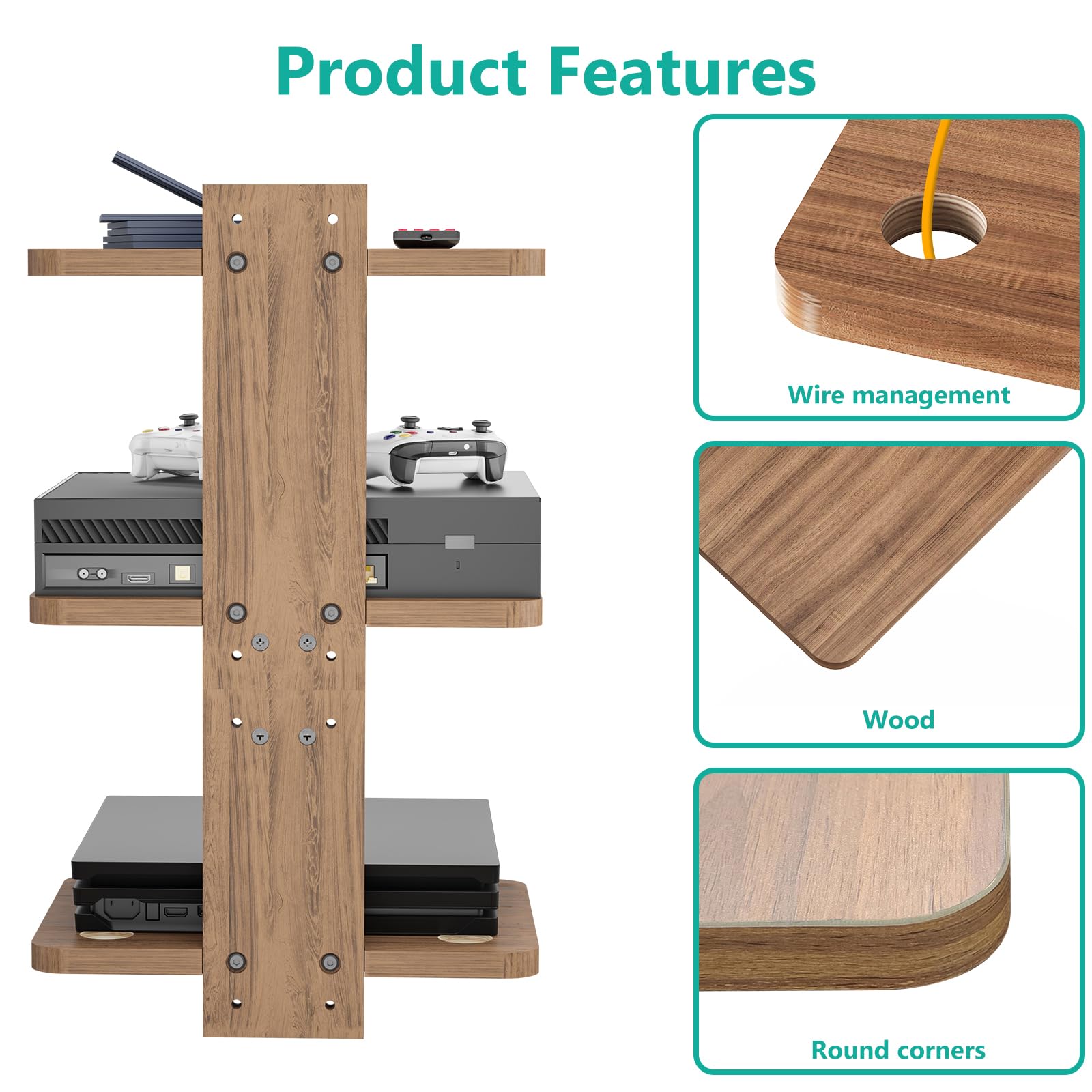 WALI Floating TV Shelves for Wall, Projector Shelf Holds Up to 22lbs, Wall Mount Shelves for DVD Players, Cable Boxes,Game Consoles, Living Room Decor Accessories (CS303N), 3 Shelf, Walnut Brown