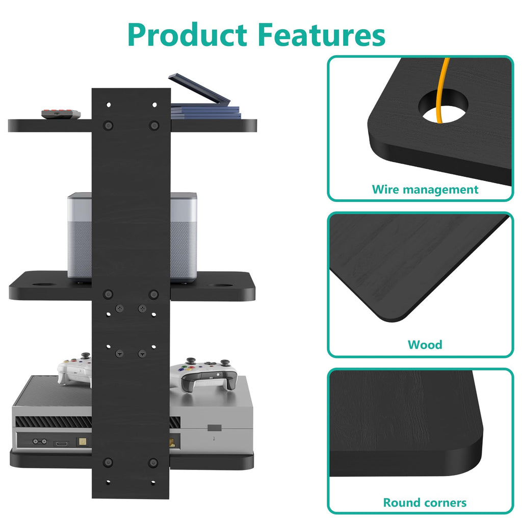 WALI Projector Mount Floating TV Shelf, Holds Up to 22lbs, Wooden Floating Shelf for Under TV for DVD Players, Cable Boxes, Routers, Game Consoles, PlayStation Accessories (CS303NB), 3 Shelves