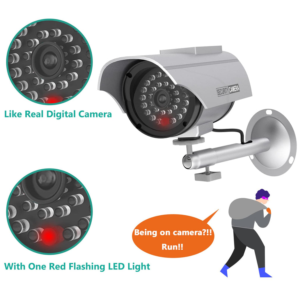 WALI Solar Powered Bullet Dummy Fake Simulated Surveillance Security CCTV Dome Camera Indoor Outdoor with 1 LED Light, Security Alert Sticker Decal (SOLTC-S4), 4 Packs, Silver