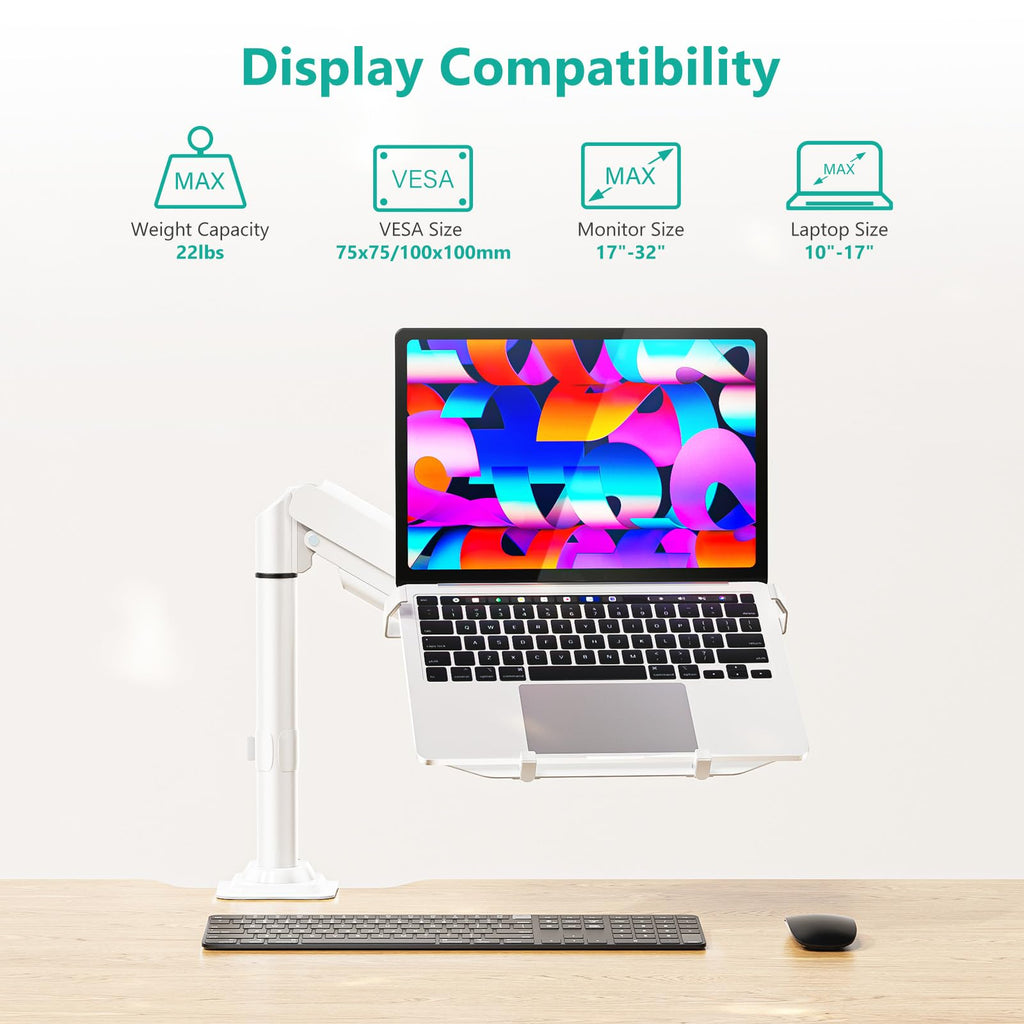 WALI Laptop Tray Desk Mount, Laptop Arm Mount Fits 10-15.6 Inch Notebook, Single Gas Spring Monitor Arm for 17-32 Inch Computer Screen, Holds up to 22lbs(GSDM00LPW), White