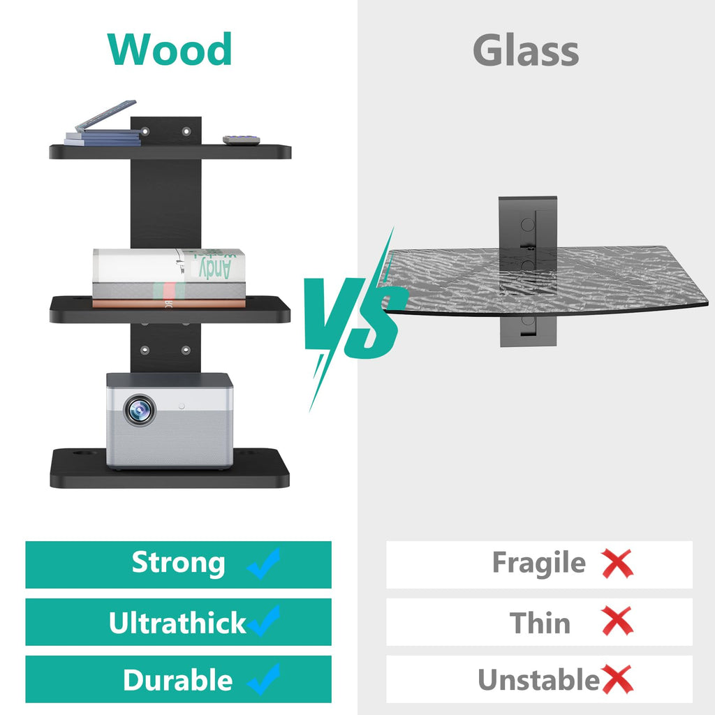 WALI Projector Mount Floating TV Shelf, Holds Up to 22lbs, Wooden Floating Shelf for Under TV for DVD Players, Cable Boxes, Routers, Game Consoles, PlayStation Accessories (CS303NB), 3 Shelves