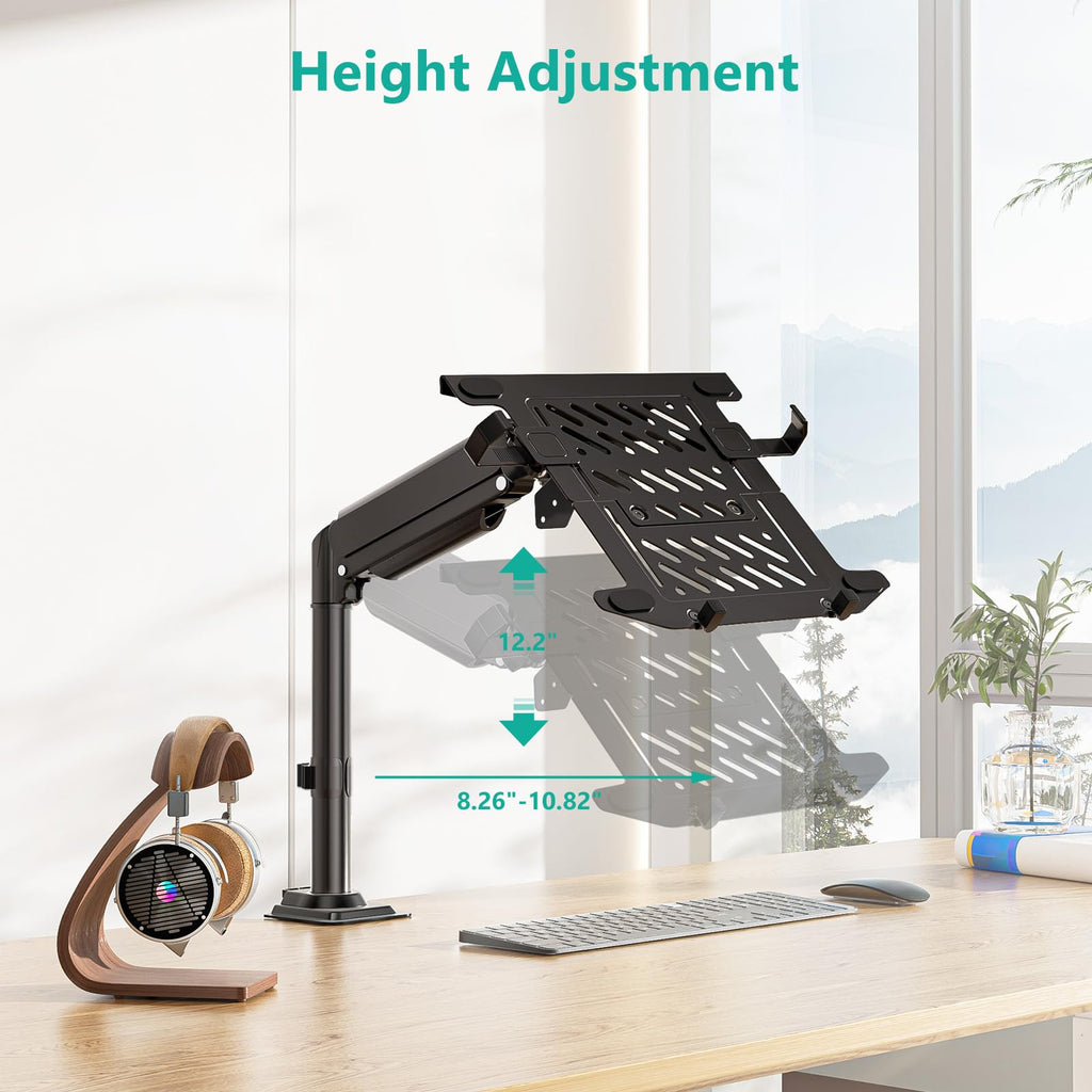WALI Laptop Tray Desk Mount, Laptop Arm Mount Fits 10-15.6 Inch Notebook, Single Gas Spring Monitor Arm for 17-32 Inch Computer Screen, Holds up to 22lbs(GSDM00LP), Black