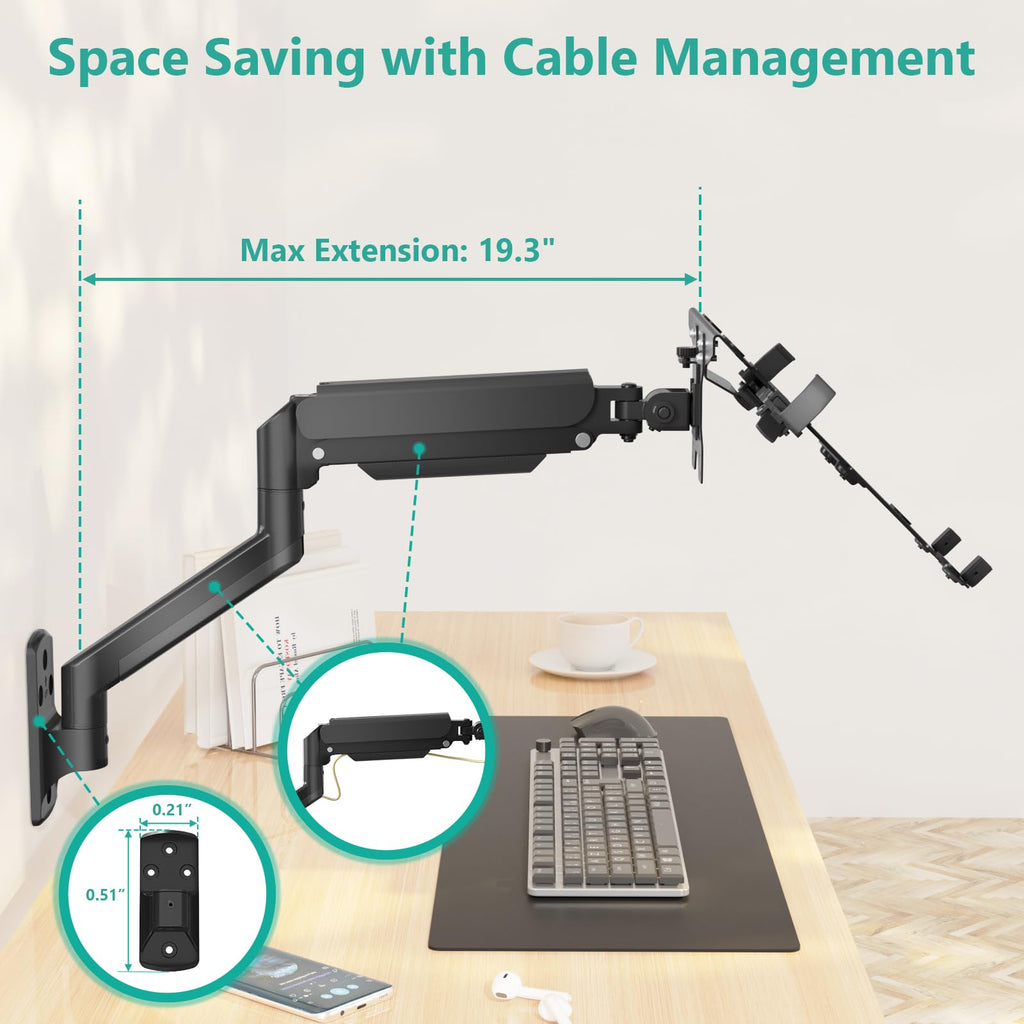 WALI Laptop Wall Mount, Full Motion Adjustable Laptop Arm Fits 10 to 17inch Notebook, Monitor Wall Mount for 17 to 32inch Computer Screen, Holds up to 15.4-22lbs(GSWM001LP), Black