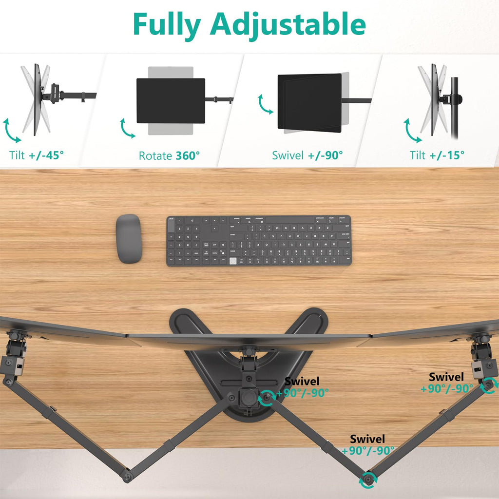 WALI Free Standing Triple Monitor Mount, Heavy Duty Triple Monitors Stand for 13-27 inch Screens, Adjustable 3 Monitor Arm Desk Mount with Swivel, Tilt, Rotation, Grommet Base (MF003N), Black