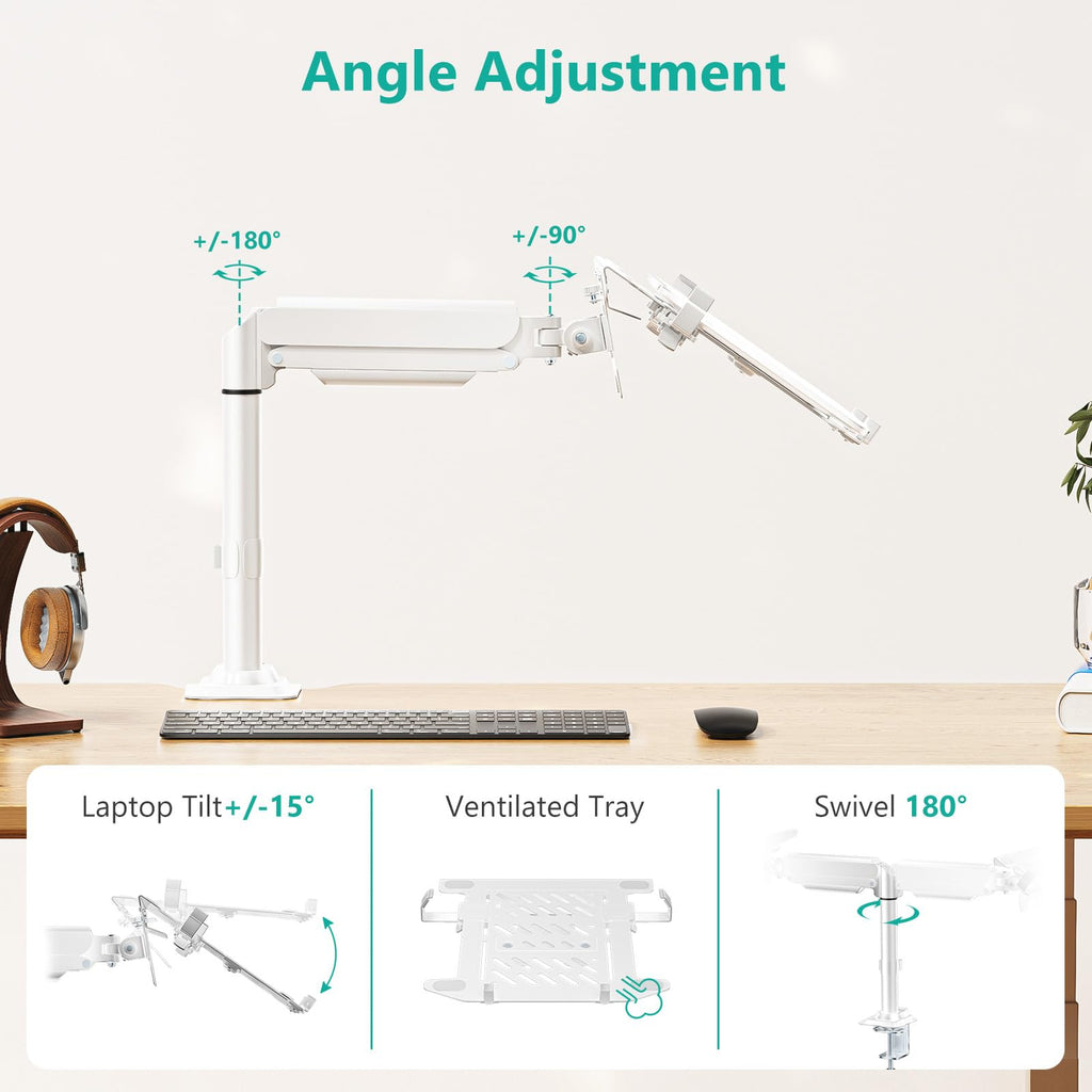 WALI Laptop Tray Desk Mount, Laptop Arm Mount Fits 10-15.6 Inch Notebook, Single Gas Spring Monitor Arm for 17-32 Inch Computer Screen, Holds up to 22lbs(GSDM00LPW), White