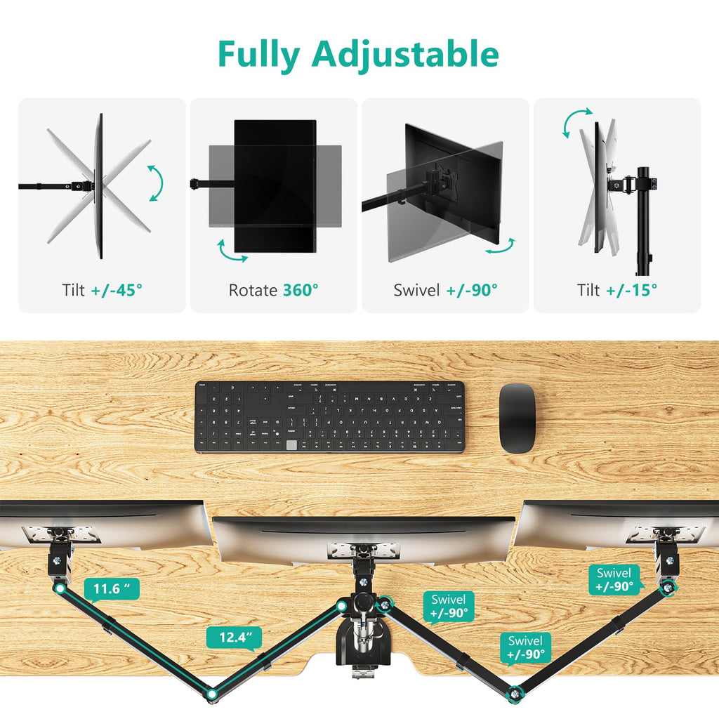 WALI Triple Monitor Mount, Heavy Duty Triple Monitors Stand for 13-27 inch Screens, Adjustable 3 Monitor Desk Mount with Swivel, Tilt, Rotation, Clamp & Grommet Base Kit (M003SN), Black