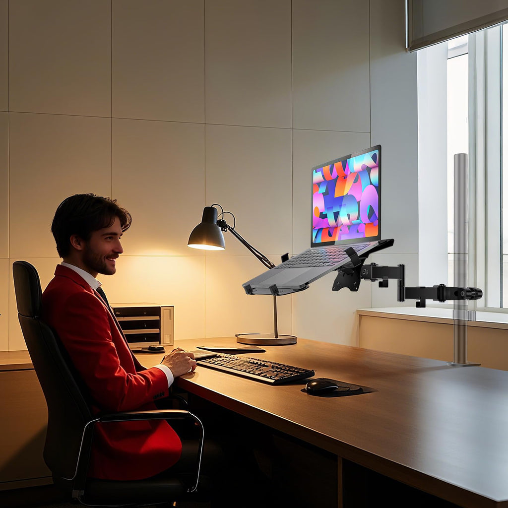 WALI Laptop Pole Mount Tray, Universal Laptop Arm Holder Fits 10 to 15.6 inch Laptops, Full Motion Monitor Mount with Removable VESA 75x75 or 100x100 mm(011ARMLP), Black