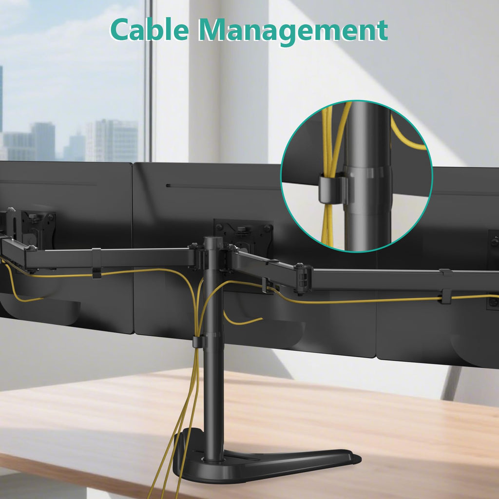 WALI Free Standing Triple Monitor Mount, Heavy Duty Triple Monitors Stand for 13-27 inch Screens, Adjustable 3 Monitor Arm Desk Mount with Swivel, Tilt, Rotation, Grommet Base (MF003N), Black