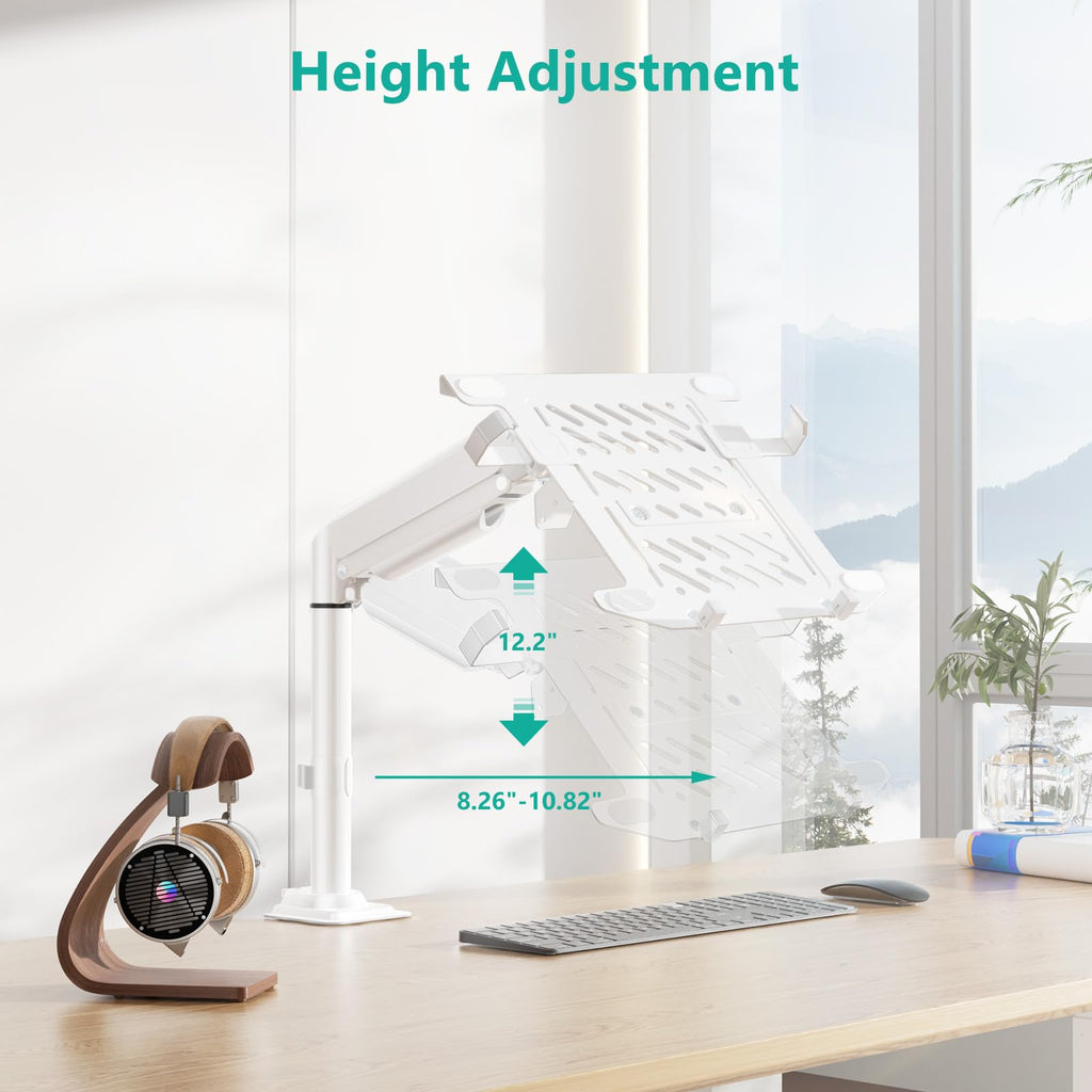 WALI Laptop Tray Desk Mount, Laptop Arm Mount Fits 10-15.6 Inch Notebook, Single Gas Spring Monitor Arm for 17-32 Inch Computer Screen, Holds up to 22lbs(GSDM00LPW), White