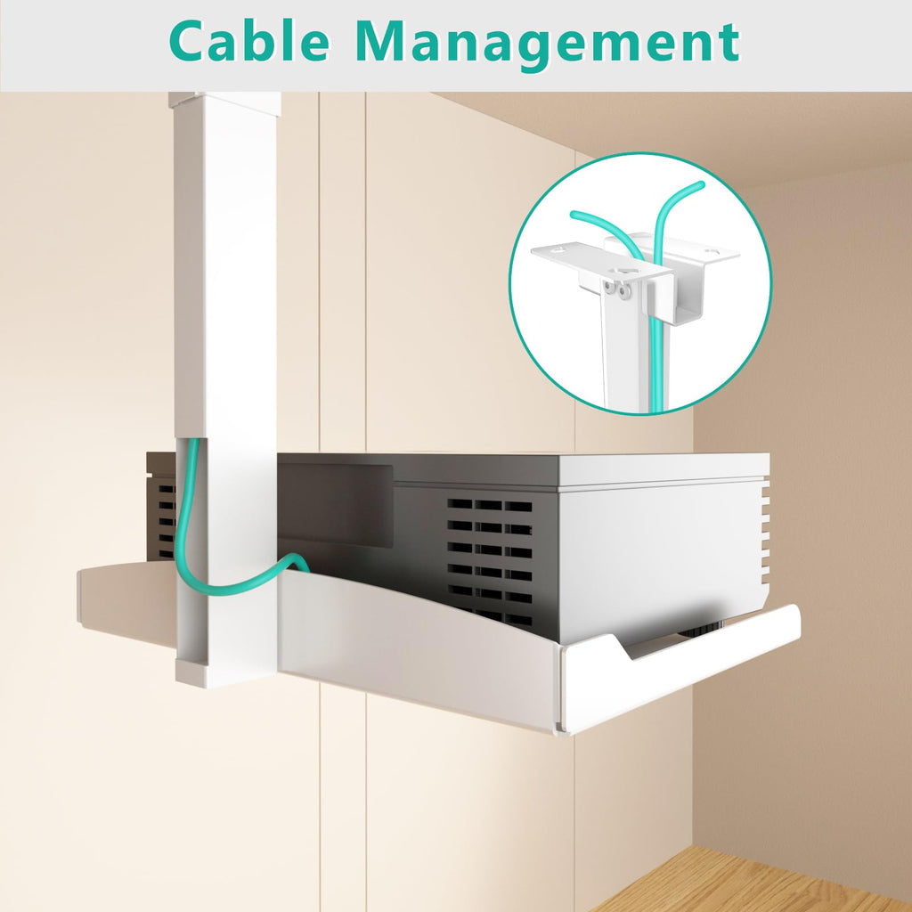 WALI Projector Ceiling Mount Tray，Projector Wall Mount Holds up to 22lbs，Height Adjustable Universal Projection Mount Tray 13.7'' x 8.6'', No Hole Installation, Hidden Cable Routing, White (PM-005-W)