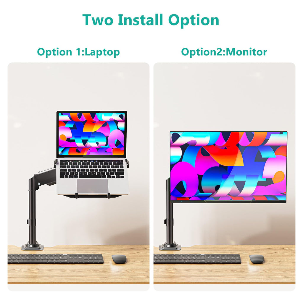 WALI Laptop Tray Desk Mount, Laptop Arm Mount Fits 10-15.6 Inch Notebook, Single Gas Spring Monitor Arm for 17-32 Inch Computer Screen, Holds up to 22lbs(GSDM00LP), Black