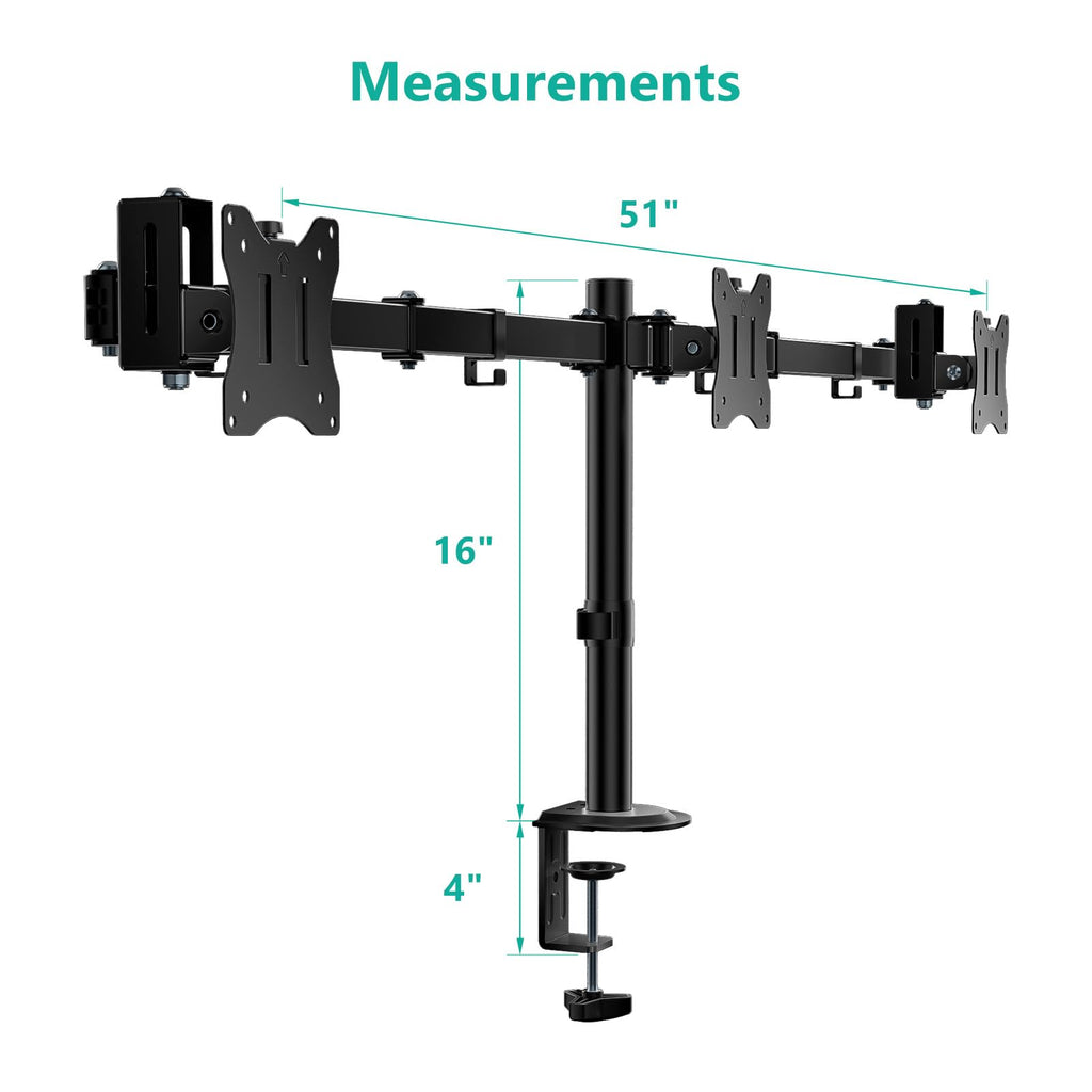 WALI Triple Monitor Mount, Heavy Duty Triple Monitors Stand for 13-27 inch Screens, Adjustable 3 Monitor Desk Mount with Swivel, Tilt, Rotation, Clamp & Grommet Base Kit (M003SN), Black