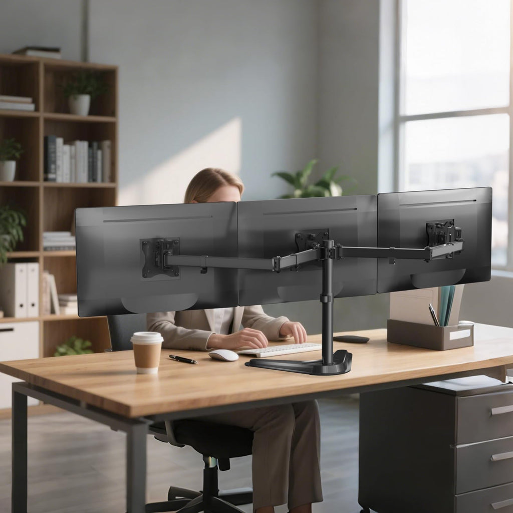 WALI Free Standing Triple Monitor Mount, Heavy Duty Triple Monitors Stand for 13-27 inch Screens, Adjustable 3 Monitor Arm Desk Mount with Swivel, Tilt, Rotation, Grommet Base (MF003N), Black