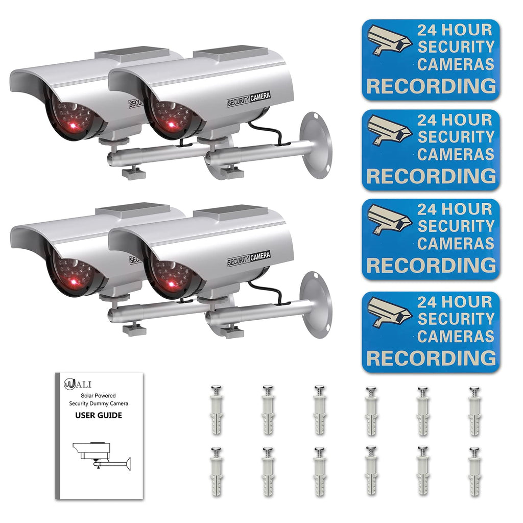 WALI Solar Powered Bullet Dummy Fake Simulated Surveillance Security CCTV Dome Camera Indoor Outdoor with 1 LED Light, Security Alert Sticker Decal (SOLTC-S4), 4 Packs, Silver