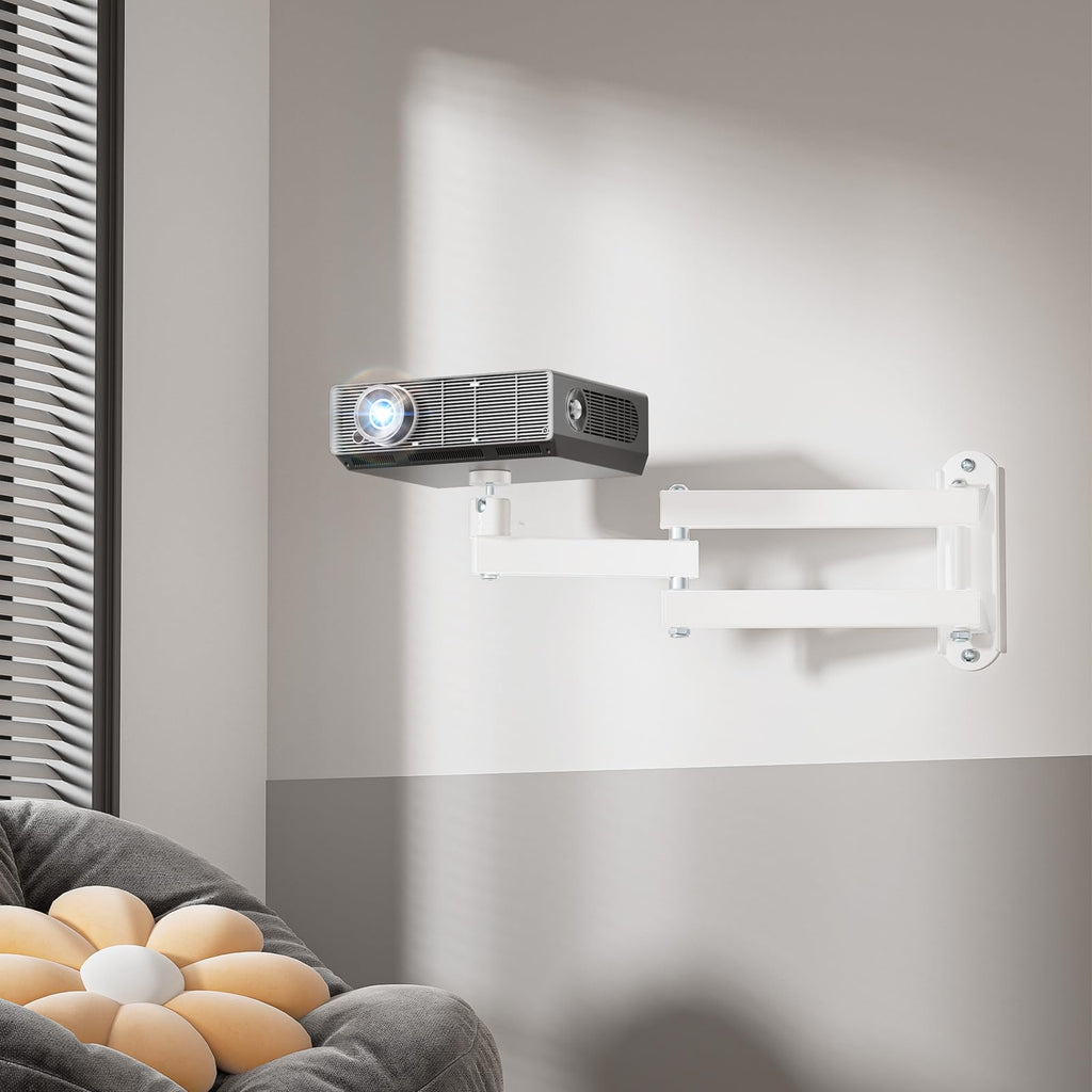 WALI Foldable Projector Wall Mount Universal Adjustable Wall Projector Mount Aluminum Alloy Projectors Stand,1/4" M4 M6 Screw Size,(1330LM-PMW), White