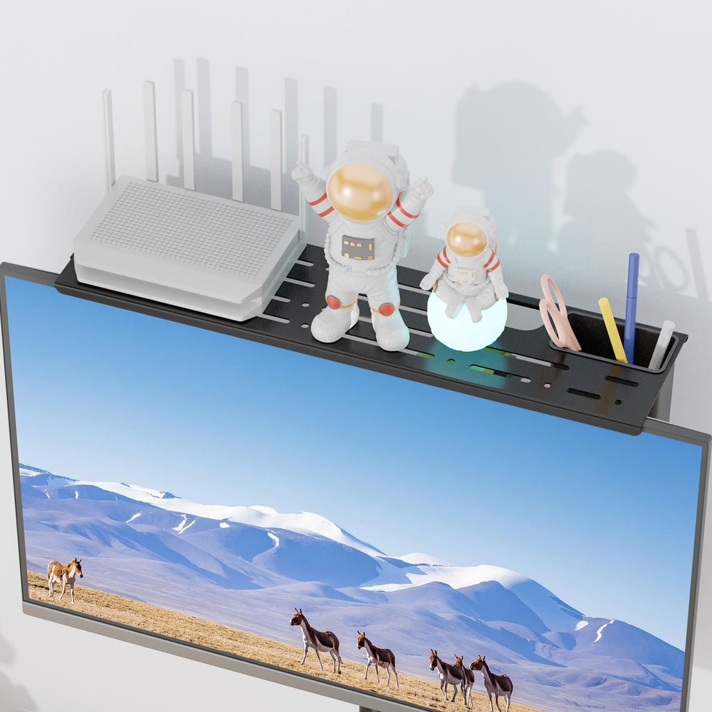 WALI TV Top Shelf, Adjustable Monitor Shelf with 2 Storage Boxes, Stitchable Floating TV Stand Holds Up to 5.5lbs for Speaker, Media Boxes, Game Console, Router Shelves 34.65×4.3'' (TSH004-2B), Black