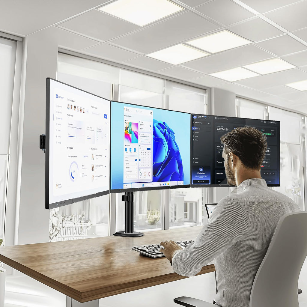 WALI Triple Monitor Mount, Heavy Duty Triple Monitors Stand for 13-27 inch Screens, Adjustable 3 Monitor Desk Mount with Swivel, Tilt, Rotation, Clamp & Grommet Base Kit (M003SN), Black