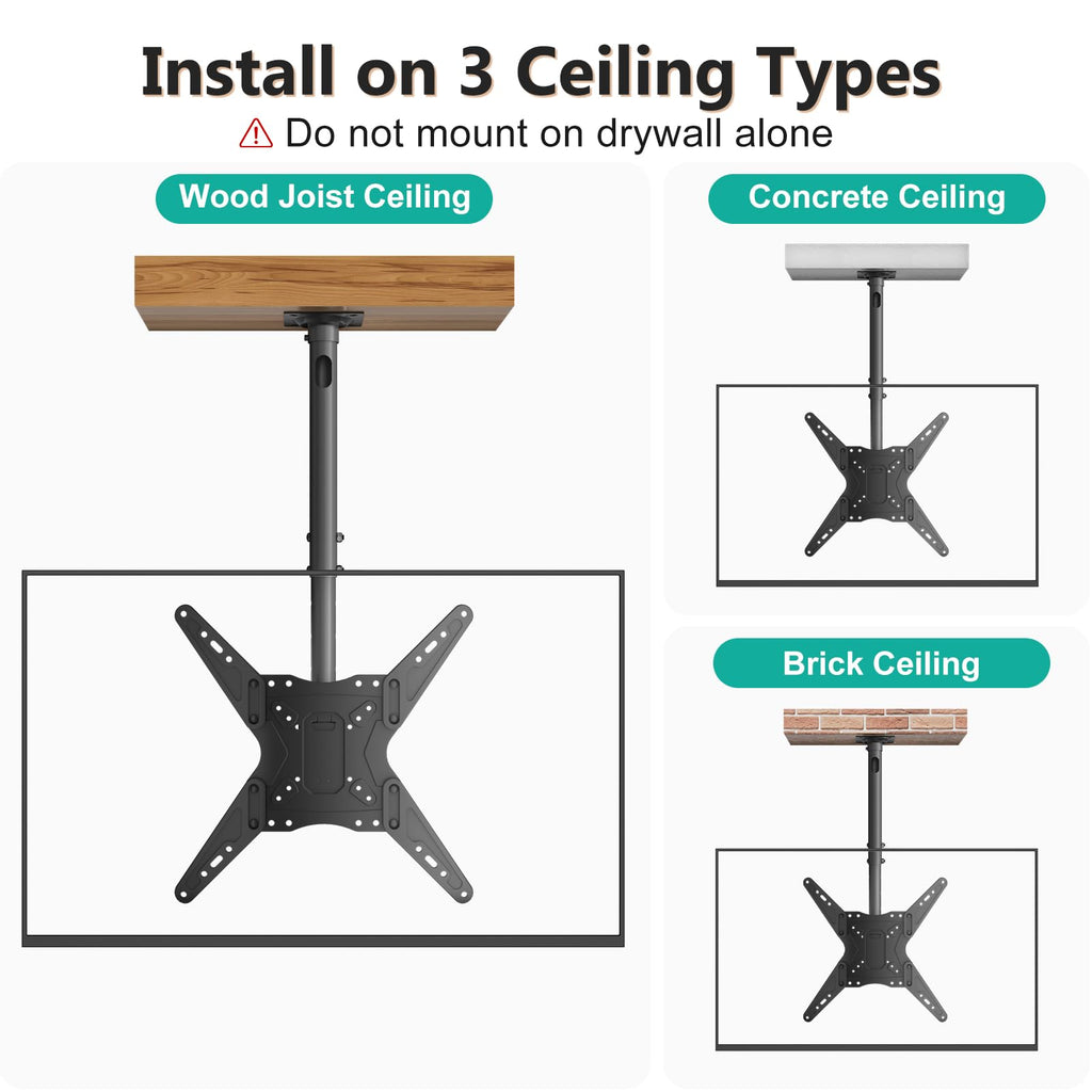 WALI Ceiling TV Mount Adjustable Bracket Fits Most LED, LCD, OLED and Plasma Flat Screen Display 23 to 65 Inch, up to 110 Lbs, Mounting Holes 400x400mm (CM2365), Black