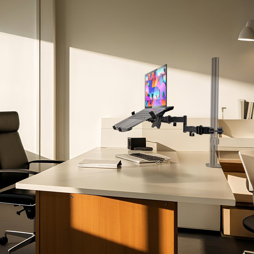 WALI Laptop Pole Mount Tray, Universal Laptop Arm Holder Fits 10 to 15.6 inch Laptops, Full Motion Monitor Mount with Removable VESA 75x75 or 100x100 mm(011ARMLP), Black