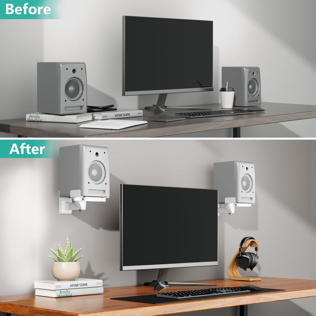 WALI Speaker Wall Mounts, Dual Side Clamping Bookshelf Mounting Bracket for Large Surrounding Sound Speakers, Hold up to 55 lbs. (SWM201-W), 1 Pair, White