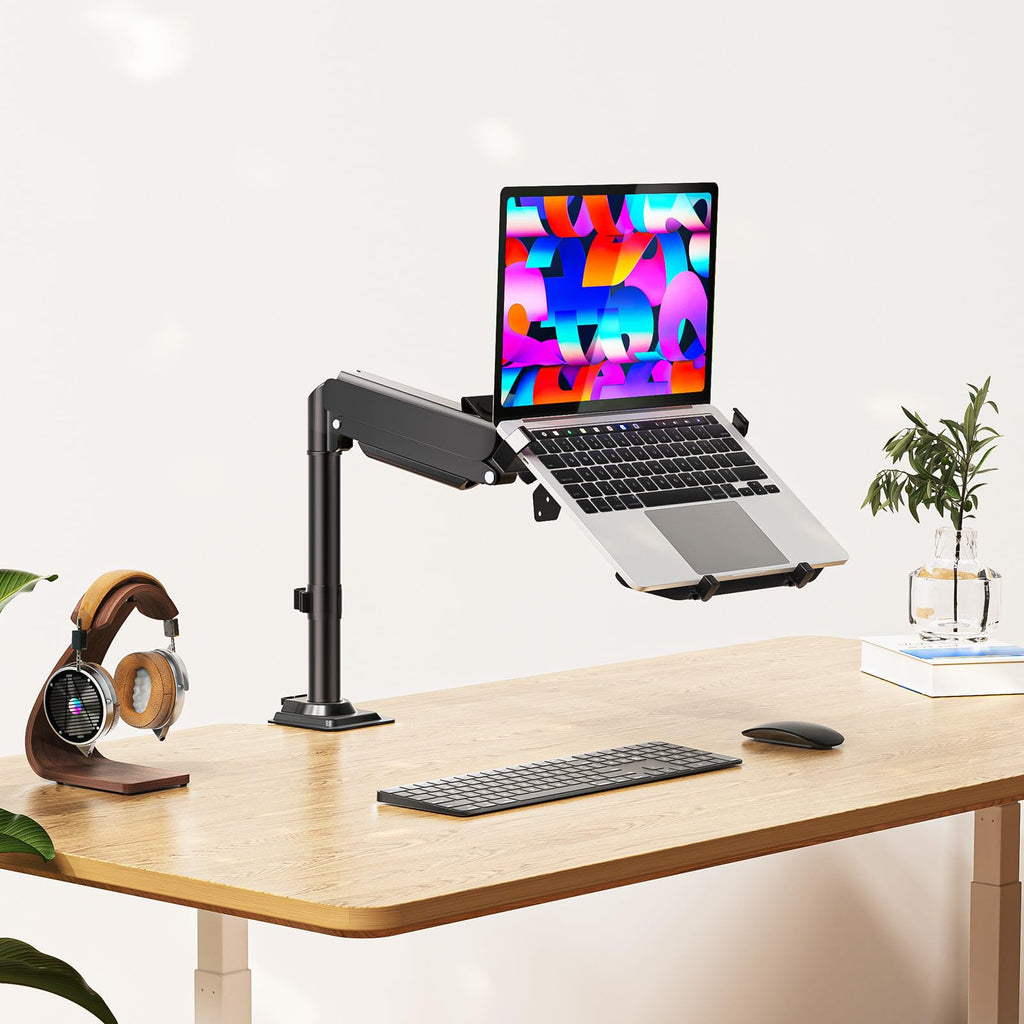 WALI Laptop Tray Desk Mount, Laptop Arm Mount Fits 10-15.6 Inch Notebook, Single Gas Spring Monitor Arm for 17-32 Inch Computer Screen, Holds up to 22lbs(GSDM00LP), Black