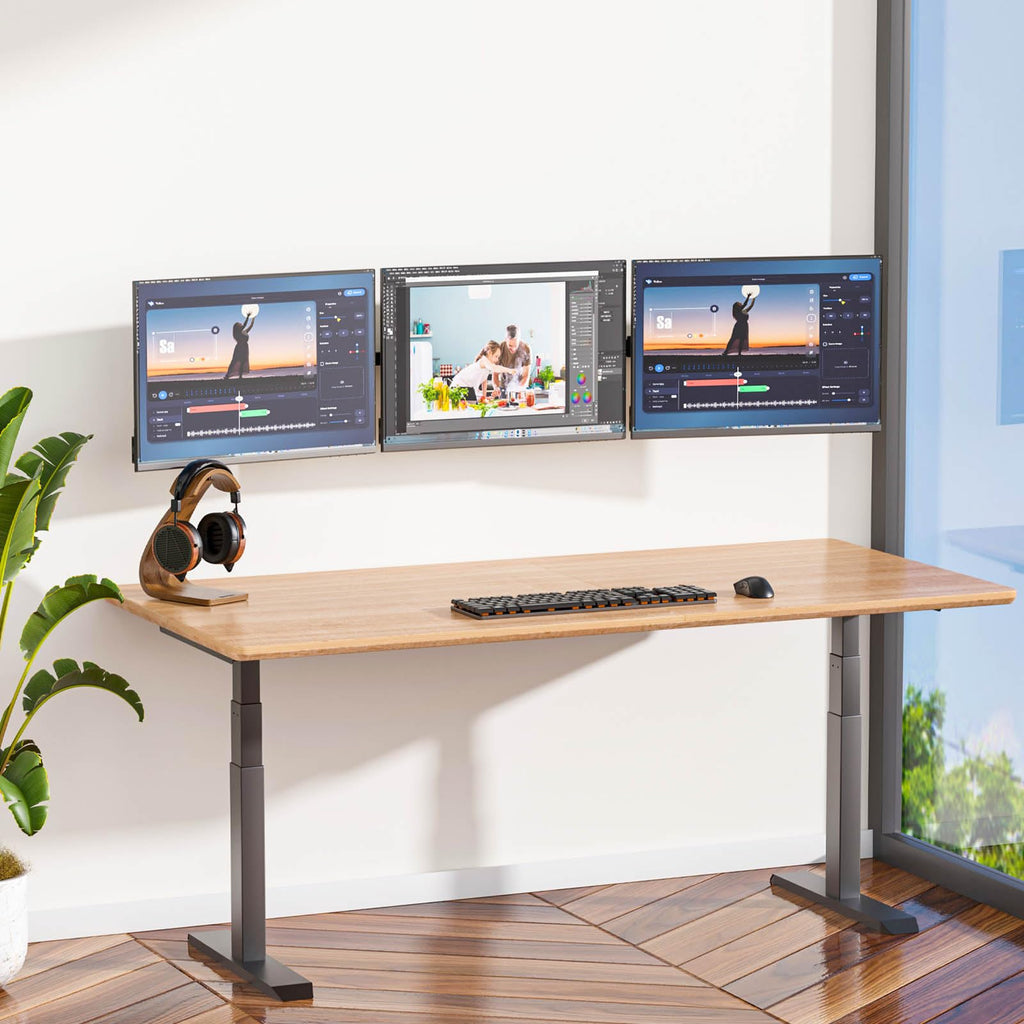 WALI Triple Monitor Wall Mount for 17 to 32 Inch, Computer Monitor Arm for 3 Screens, Swivel Tilt Wall Mount with Mounting Holes 75x75/100x100mm, Per Arm Holds Up to 15.4lbs (013ARM), Black