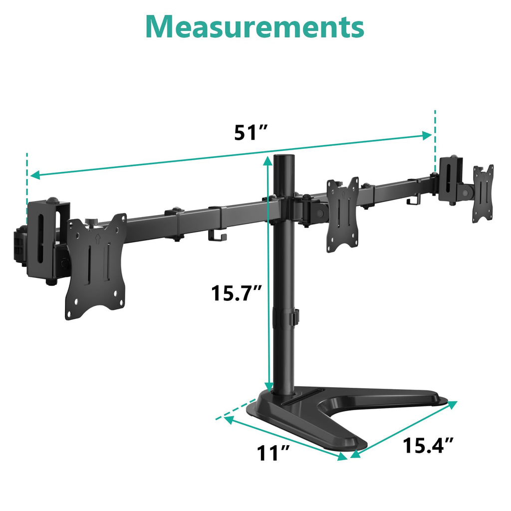 WALI Free Standing Triple Monitor Mount, Heavy Duty Triple Monitors Stand for 13-27 inch Screens, Adjustable 3 Monitor Arm Desk Mount with Swivel, Tilt, Rotation, Grommet Base (MF003N), Black