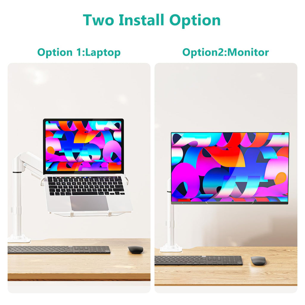 WALI Laptop Tray Desk Mount, Laptop Arm Mount Fits 10-15.6 Inch Notebook, Single Gas Spring Monitor Arm for 17-32 Inch Computer Screen, Holds up to 22lbs(GSDM00LPW), White