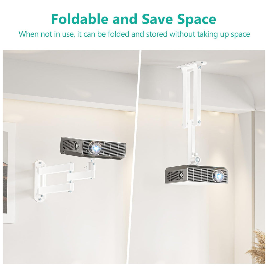 WALI Foldable Projector Wall Mount Universal Adjustable Wall Projector Mount Aluminum Alloy Projectors Stand,1/4" M4 M6 Screw Size,(1330LM-PMW), White