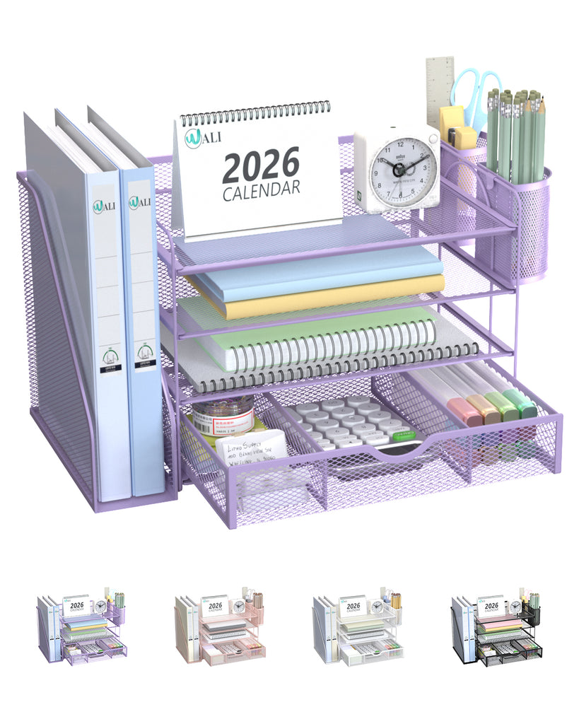 WALI Desk File Organizer, 4 Tier Desktop Paper Letter Tray Organizer with Drawer and 2 Pen Holders, Office Desk Accessories & Workspace Organizers for Office, Home Supplies(DO005DH-V), 1 Pack, Purple