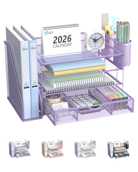 WALI Desk File Organizer, 4 Tier Desktop Paper Letter Tray Organizer with Drawer and 2 Pen Holders, Office Desk Accessories & Workspace Organizers for Office, Home Supplies(DO005DH-V), 1 Pack, Purple