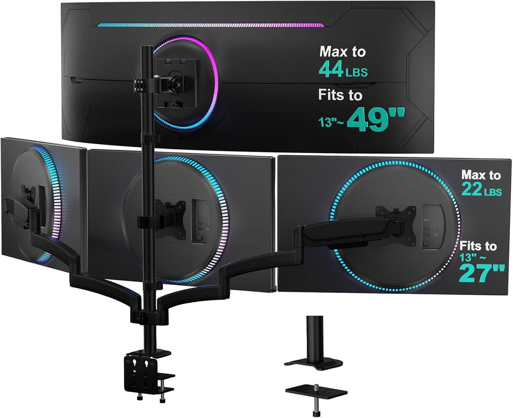 WALI Stacked 4 Monitor Mount for Max 49" UItrawides and Three 27" Monitors | Tall Quad Monitor Stand up to 44lbs, Full Motion with Tilt, Swivel, C-Clamp & Grommet Base, VESA 75/100mm (GSDM004S-P), Black