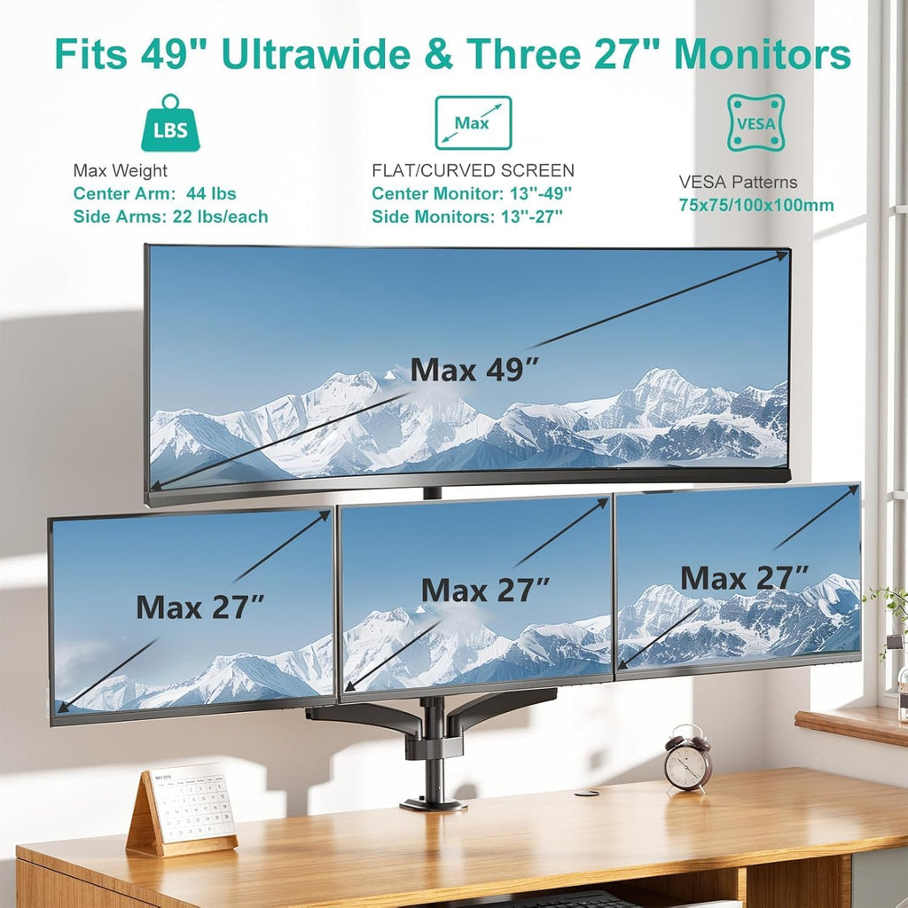 WALI Stacked 4 Monitor Mount for Max 49" UItrawides and Three 27" Monitors | Tall Quad Monitor Stand up to 44lbs, Full Motion with Tilt, Swivel, C-Clamp & Grommet Base, VESA 75/100mm (GSDM004S-P), Black