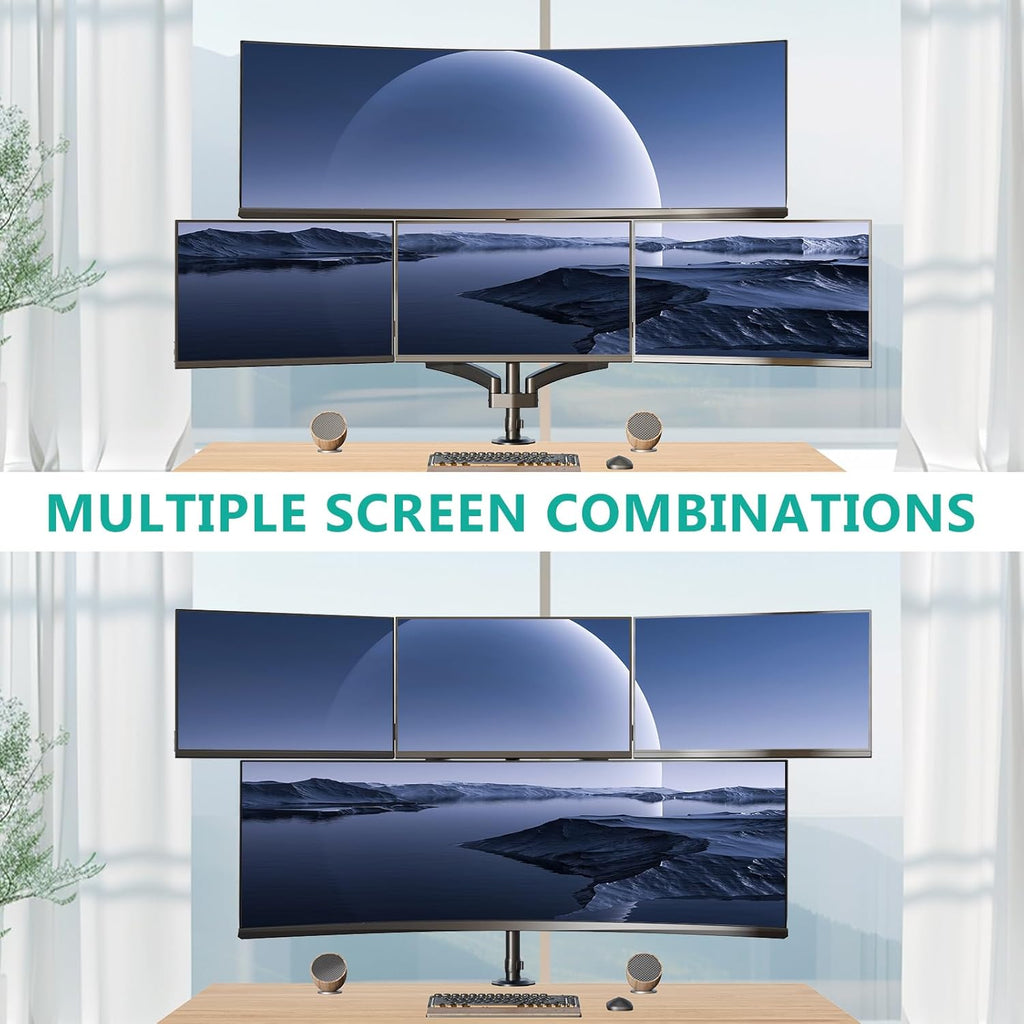 WALI Stacked 4 Monitor Mount for Max 49" UItrawides and Three 27" Monitors | Tall Quad Monitor Stand up to 44lbs, Full Motion with Tilt, Swivel, C-Clamp & Grommet Base, VESA 75/100mm (GSDM004S-P), Black