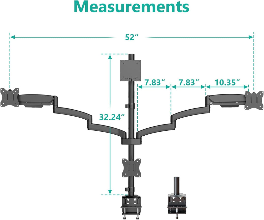 WALI Stacked 4 Monitor Mount for Max 49" UItrawides and Three 27" Monitors | Tall Quad Monitor Stand up to 44lbs, Full Motion with Tilt, Swivel, C-Clamp & Grommet Base, VESA 75/100mm (GSDM004S-P), Black