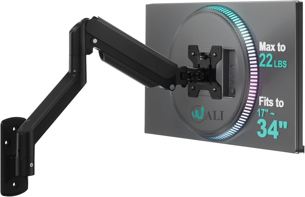 WALI Single Monitor Wall Mount for 17-34 inch Computer Screens，up to 22 lbs | Wall Mount Monitor Arm, Full Motion with Height Adjustment, Tilt, Swivel, Rotation, VESA 75/100mm (GSWM001), Black