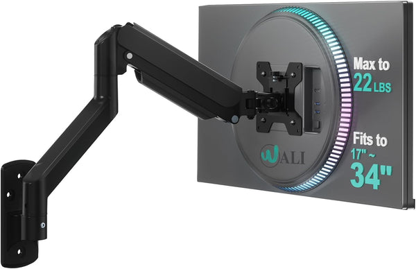 WALI Single Monitor Wall Mount for 17-34 inch Computer Screens，up to 22 lbs | Wall Mount Monitor Arm, Full Motion with Height Adjustment, Tilt, Swivel, Rotation, VESA 75/100mm (GSWM001), Black