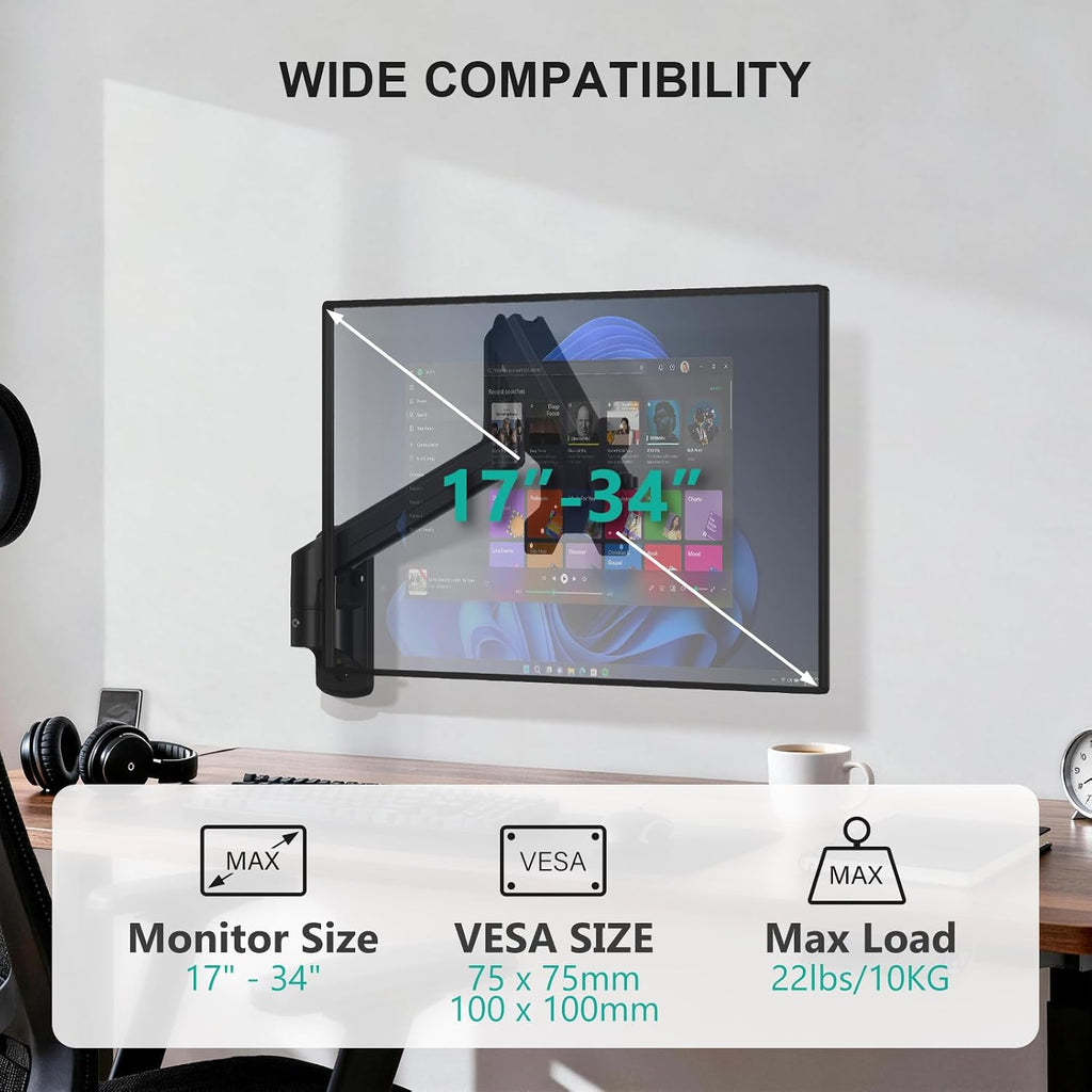 WALI Single Monitor Wall Mount for 17-34 inch Computer Screens，up to 22 lbs | Wall Mount Monitor Arm, Full Motion with Height Adjustment, Tilt, Swivel, Rotation, VESA 75/100mm (GSWM001), Black