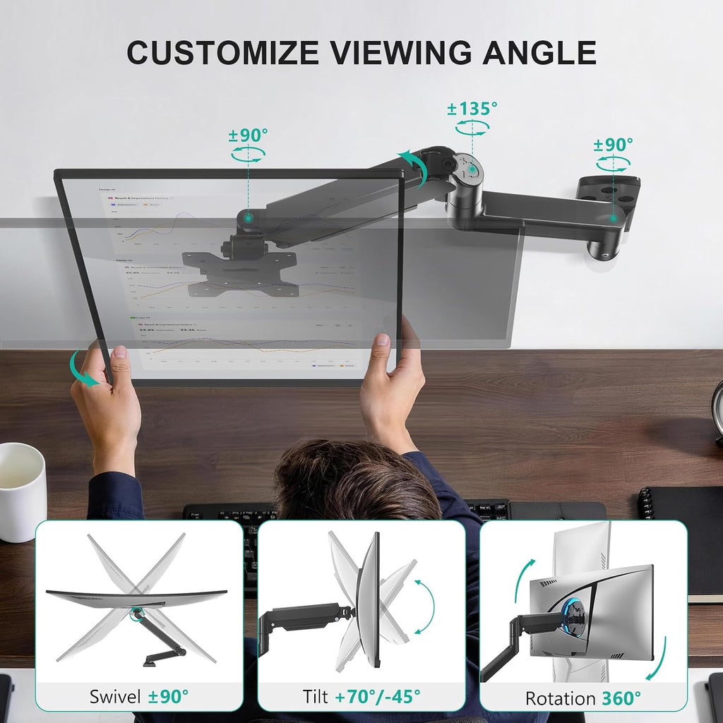 WALI Single Monitor Wall Mount for 17-34 inch Computer Screens，up to 22 lbs | Wall Mount Monitor Arm, Full Motion with Height Adjustment, Tilt, Swivel, Rotation, VESA 75/100mm (GSWM001), Black
