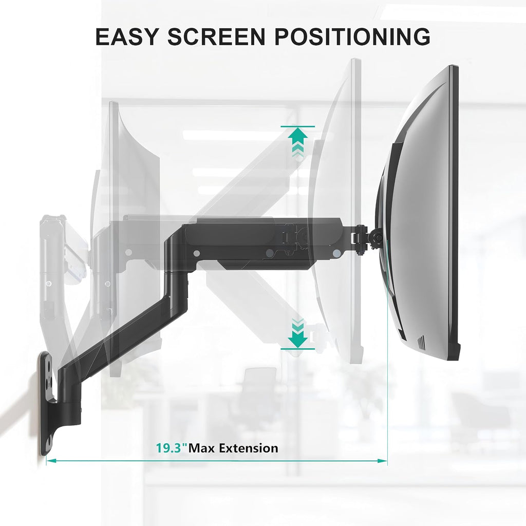 WALI Single Monitor Wall Mount for 17-34 inch Computer Screens，up to 22 lbs | Wall Mount Monitor Arm, Full Motion with Height Adjustment, Tilt, Swivel, Rotation, VESA 75/100mm (GSWM001), Black