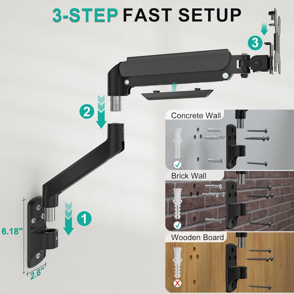 WALI Single Monitor Wall Mount for 17-34 inch Computer Screens，up to 22 lbs | Wall Mount Monitor Arm, Full Motion with Height Adjustment, Tilt, Swivel, Rotation, VESA 75/100mm (GSWM001), Black