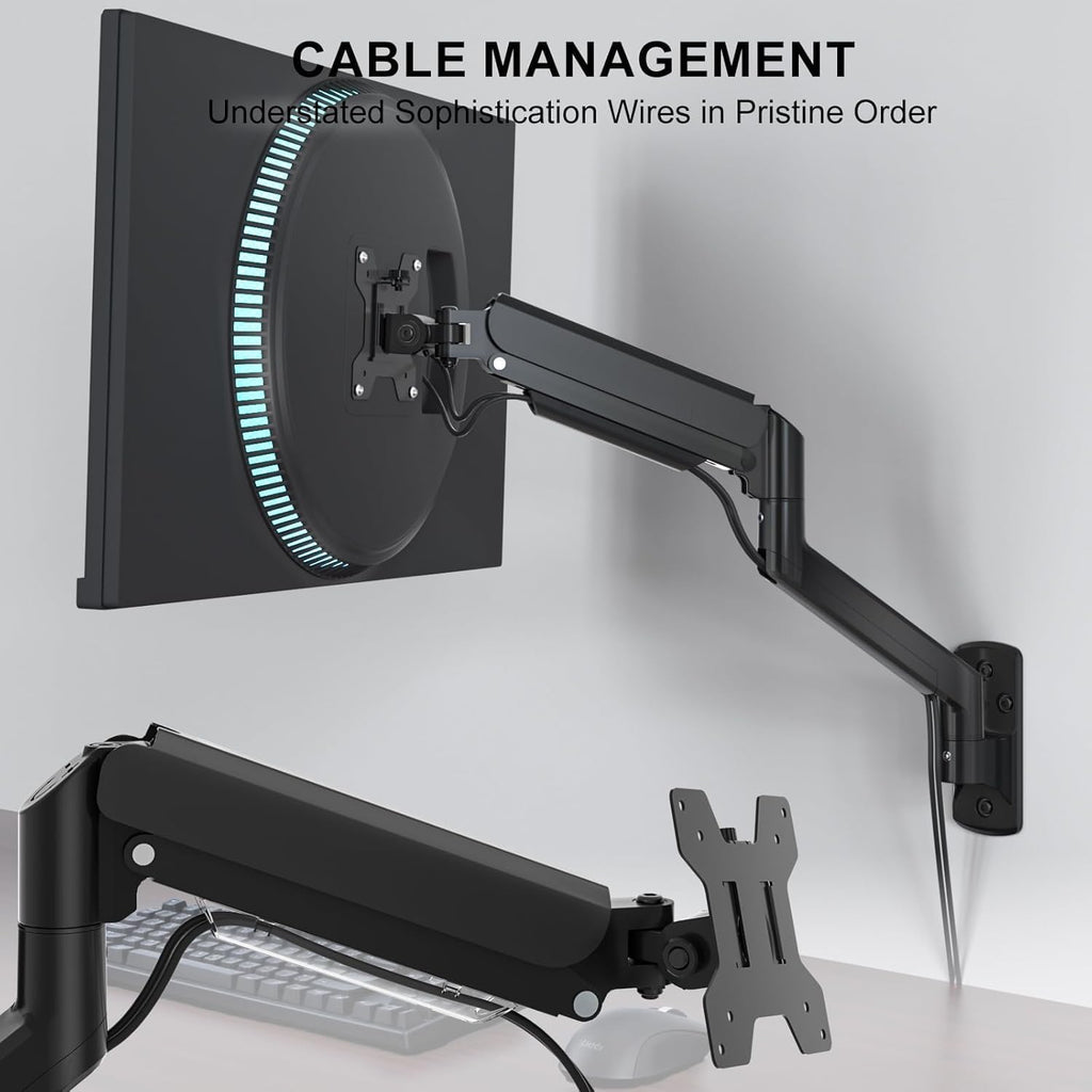 WALI Single Monitor Wall Mount for 17-34 inch Computer Screens，up to 22 lbs | Wall Mount Monitor Arm, Full Motion with Height Adjustment, Tilt, Swivel, Rotation, VESA 75/100mm (GSWM001), Black
