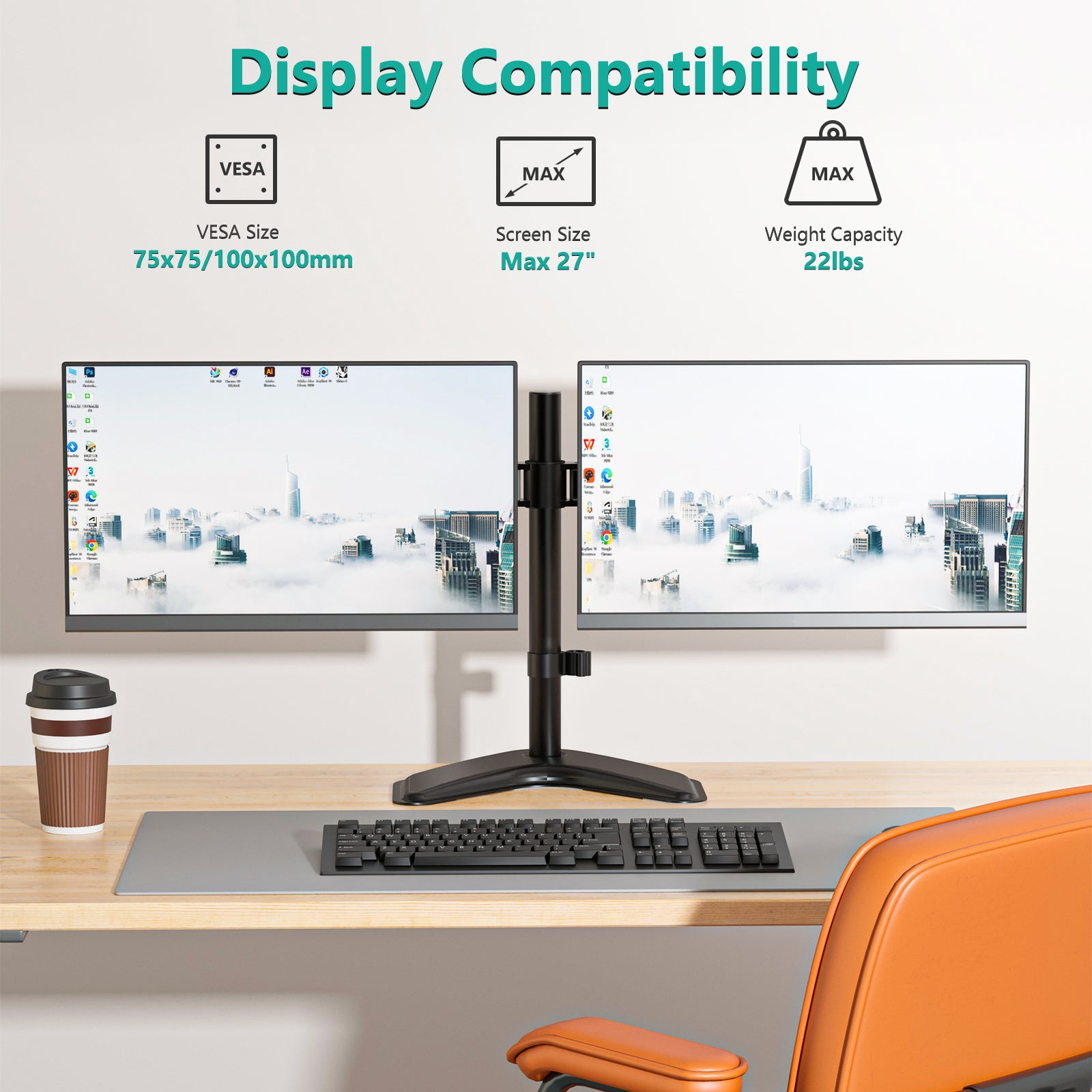 Dual Free-Standing LCD Monitor Stand Fits Screens up to 27