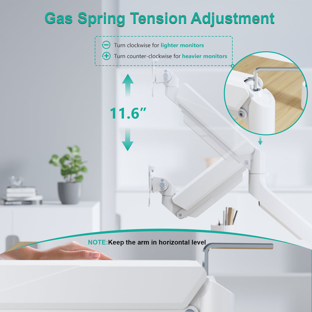 WALI Ultrawide Monitor Arm for 13 to 49 Inch Heavy Duty Curved Screens, Adjustable Gas Spring Single Monitor Desk Mount with 2 USB 3.0 Ports, Holds 33 lbs, 75x75/100x100 VESA, White (GSMU001-W)