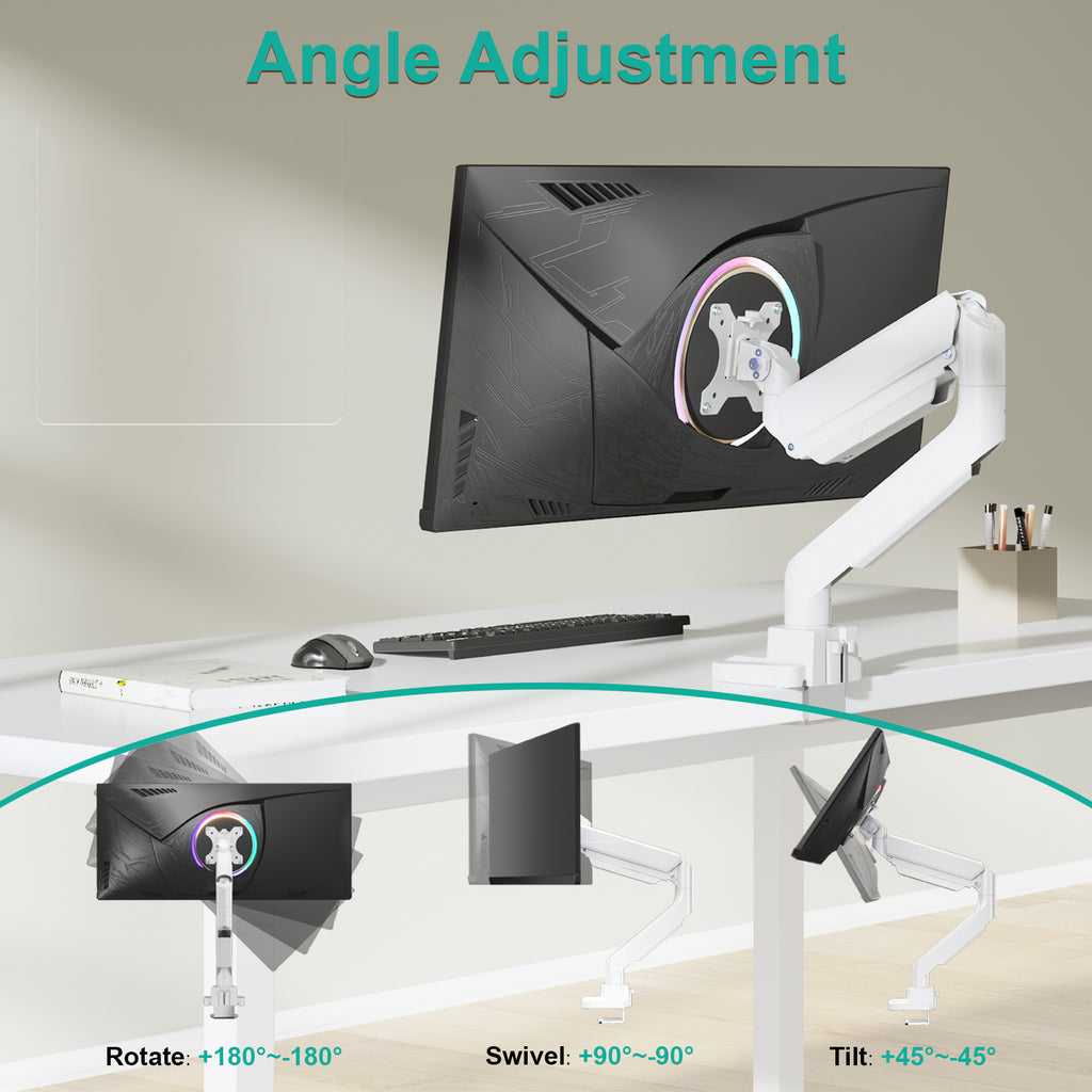 WALI Ultrawide Monitor Arm for 13 to 49 Inch Heavy Duty Curved Screens, Adjustable Gas Spring Single Monitor Desk Mount with 2 USB 3.0 Ports, Holds 33 lbs, 75x75/100x100 VESA, White (GSMU001-W)