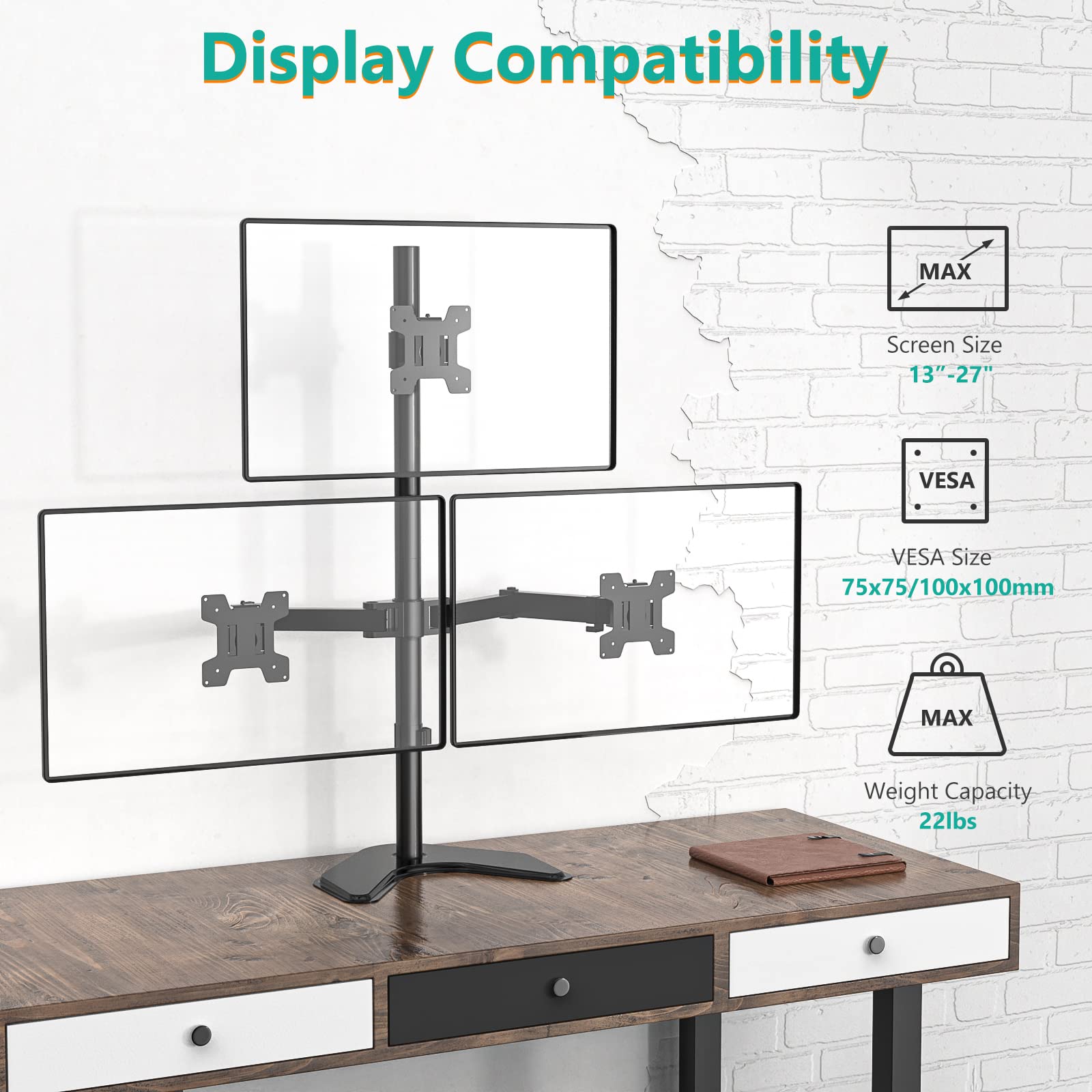 Articulating Triple Monitor Desk Mount - 13 to 27, Max Load 22